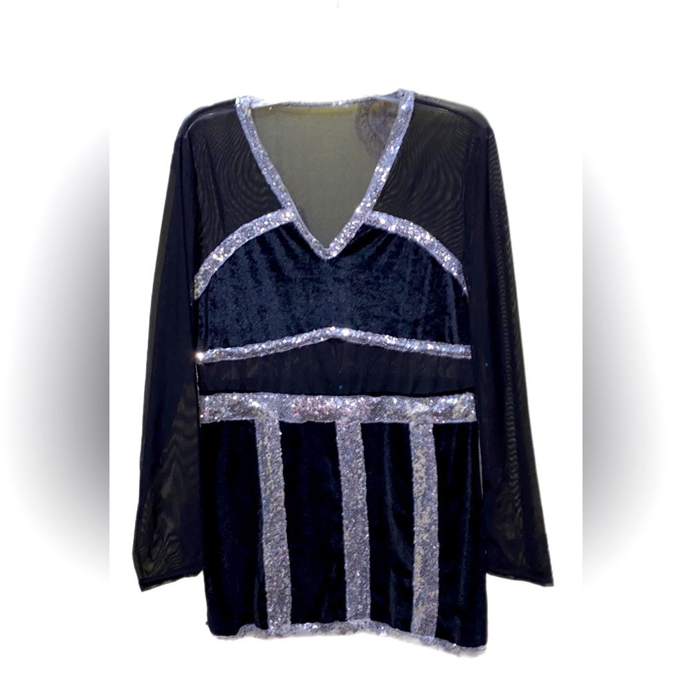 VELOUR BLACK/SILVER SEQUIN V-NECK DRESS SEQUIN STRIPES SZ XXL